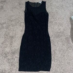 Size Small, black mini cocktail dress, top shoulder see-thru mesh